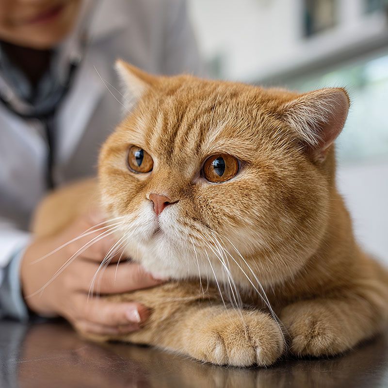 veterinarian examining ginger cat at table checkup