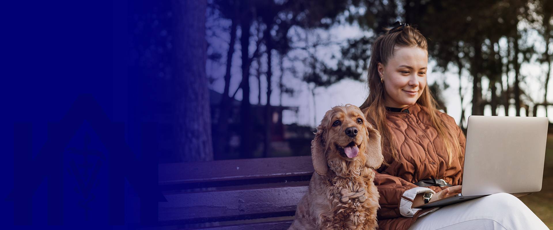 woman enjoys sunny day with her cocker spaniel dog while working laptop outside
