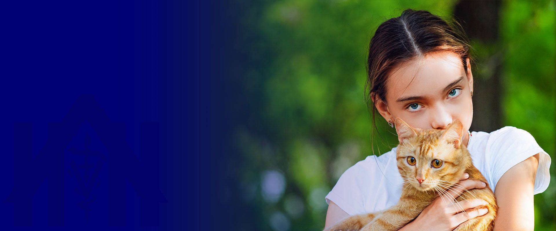 girl is holding ginger cat her arms