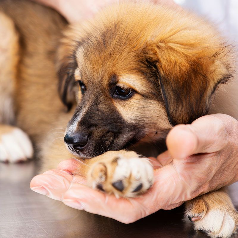 vet holding puppys paw gentle